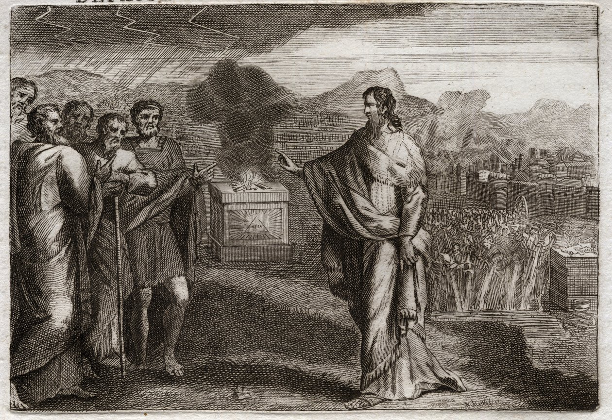 Bible de Royaumont, Ancien Testament : Défaite des Philistins. Samuel offre un holocauste à Dieu. Ensuite, les Juifs repoussent les Philistins. Illustration de 1811. - Unknown artist