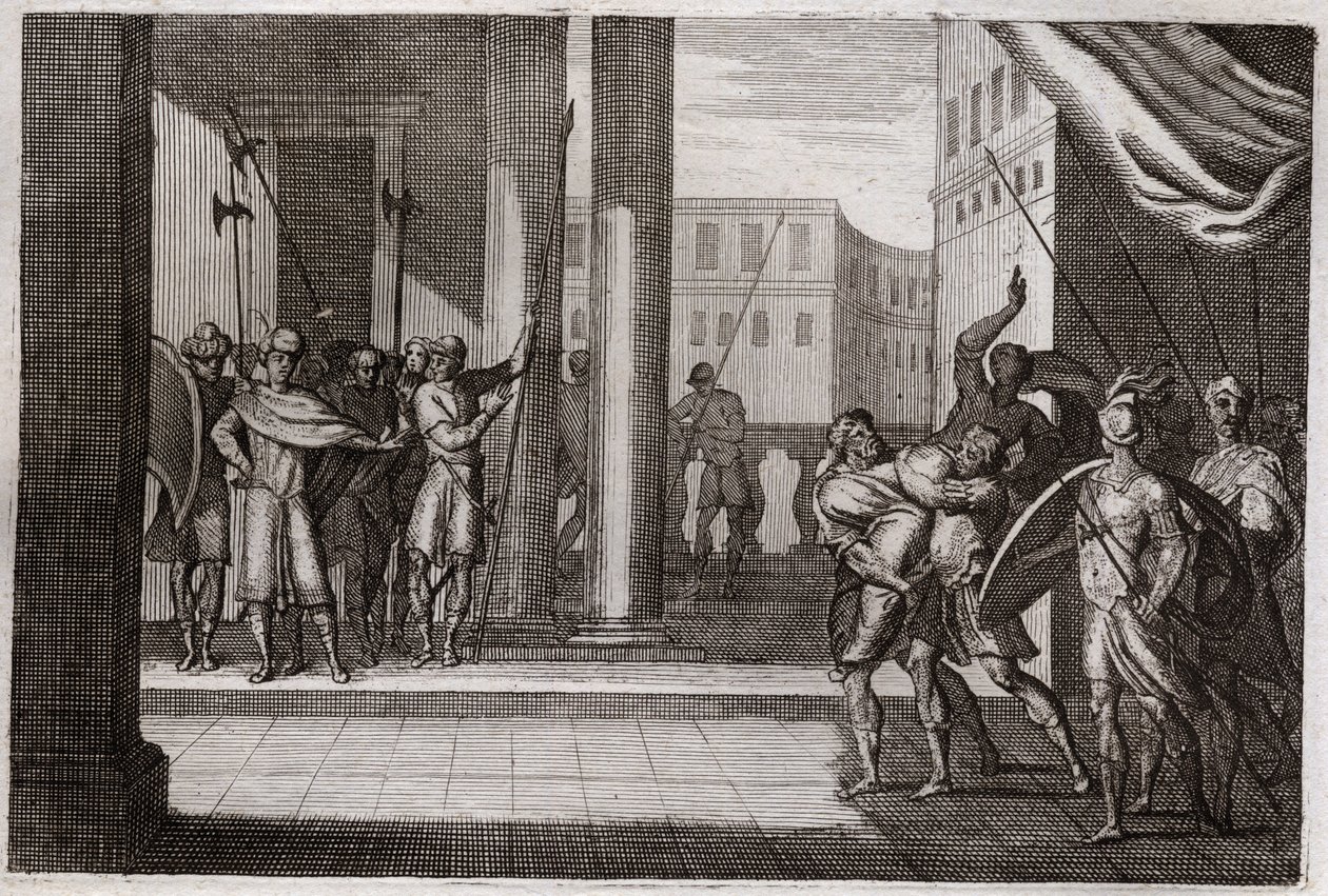 Bible de Royaumont, Ancien Testament : Dina sortit par curiosité pour voir les femmes de Sichem, et le roi de cette ville lui fit violence, ses frères se vengèrent et tuèrent tout le peuple de Sichem avec le roi. Illustration de 1811. - Unknown artist