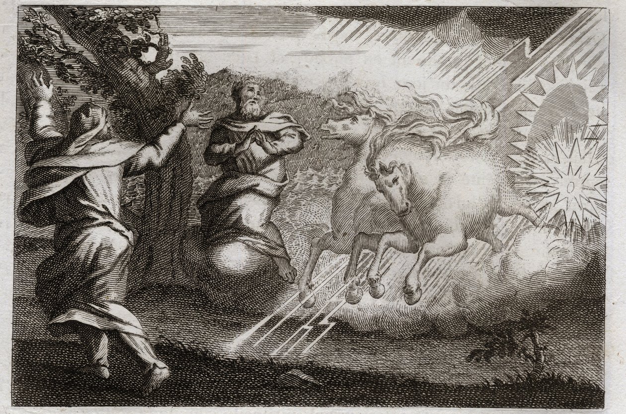 Bible de Royaumont, Ancien Testament : Élie est ravi au ciel. Élie est emporté au ciel dans un char de feu en présence de son disciple. Élisée reçoit de lui son double esprit : il divise les eaux du Jourdain avec le manteau d