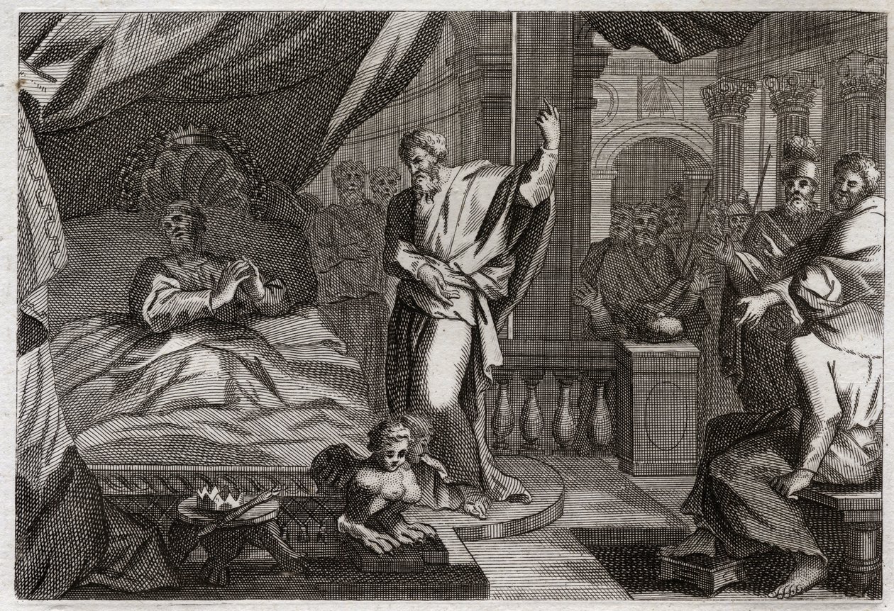 Bible de Royaumont, Ancien Testament : Ézéchias reçoit la santé. Le roi Ézéchias, malade à mort, reçoit la santé et quinze années de vie supplémentaires. Le prophète Isaïe (Isaiah) annonce sa guérison : le signe sera de repousser l