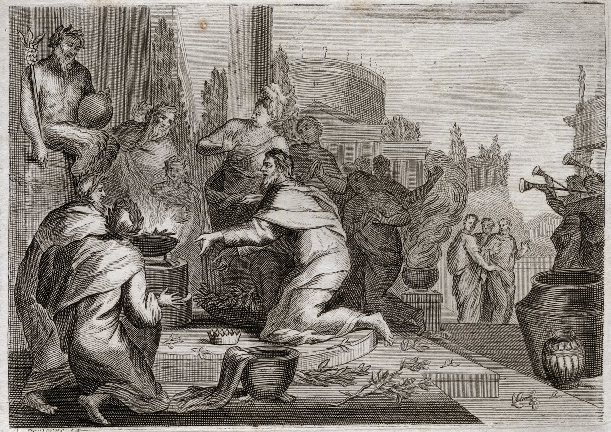 Bible de Royaumont Ancien Testament Chute de Salomon. Salomon est corrompu par les femmes et offre de l encens aux idoles des faux dieux. Sa mort. Illustration de 1811