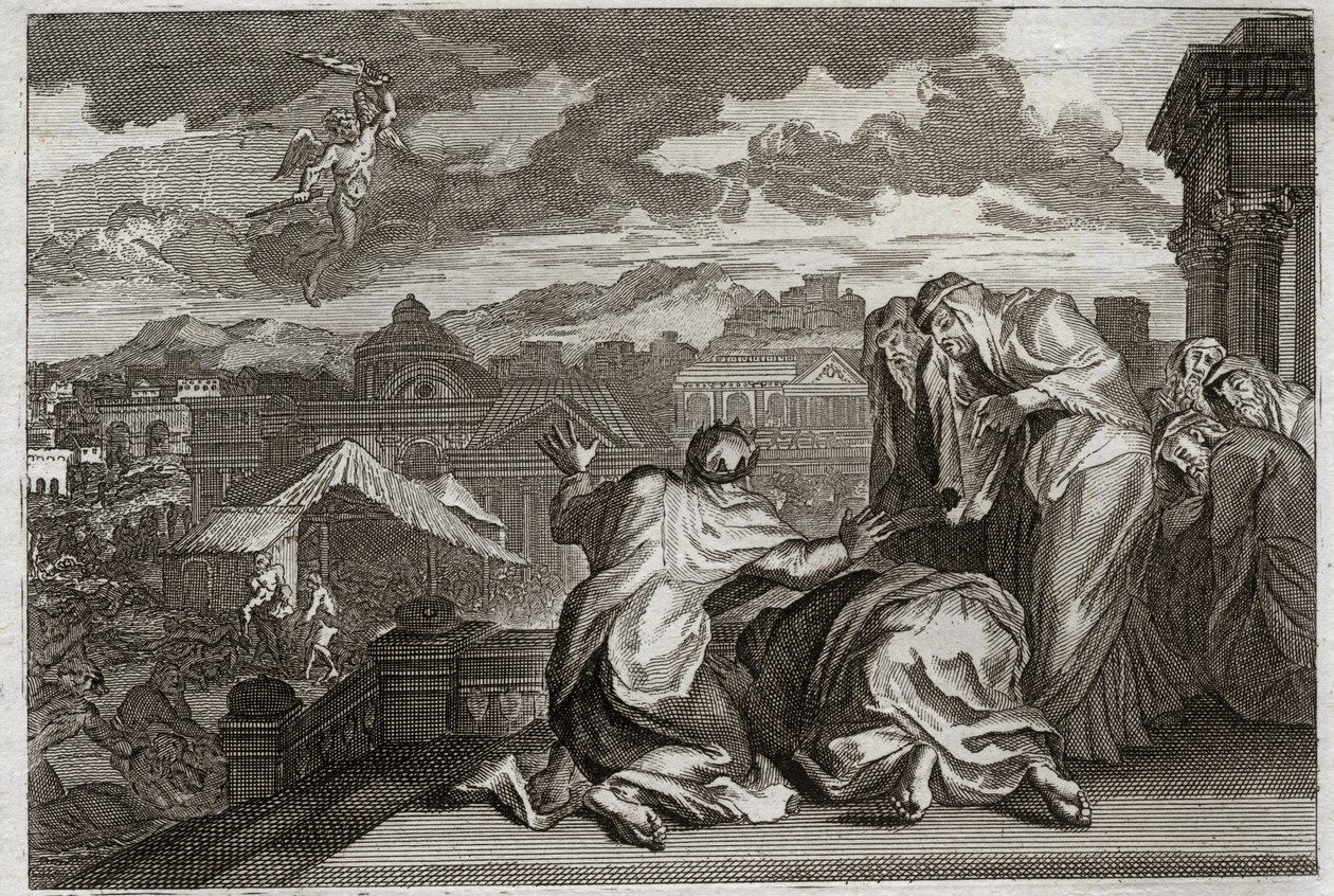 Bible de Royaumont, Ancien Testament : Fléau de la Peste. Et David ayant fait le dénombrement de tout son peuple par un mouvement de vanité, Dieu afflige son royaume d