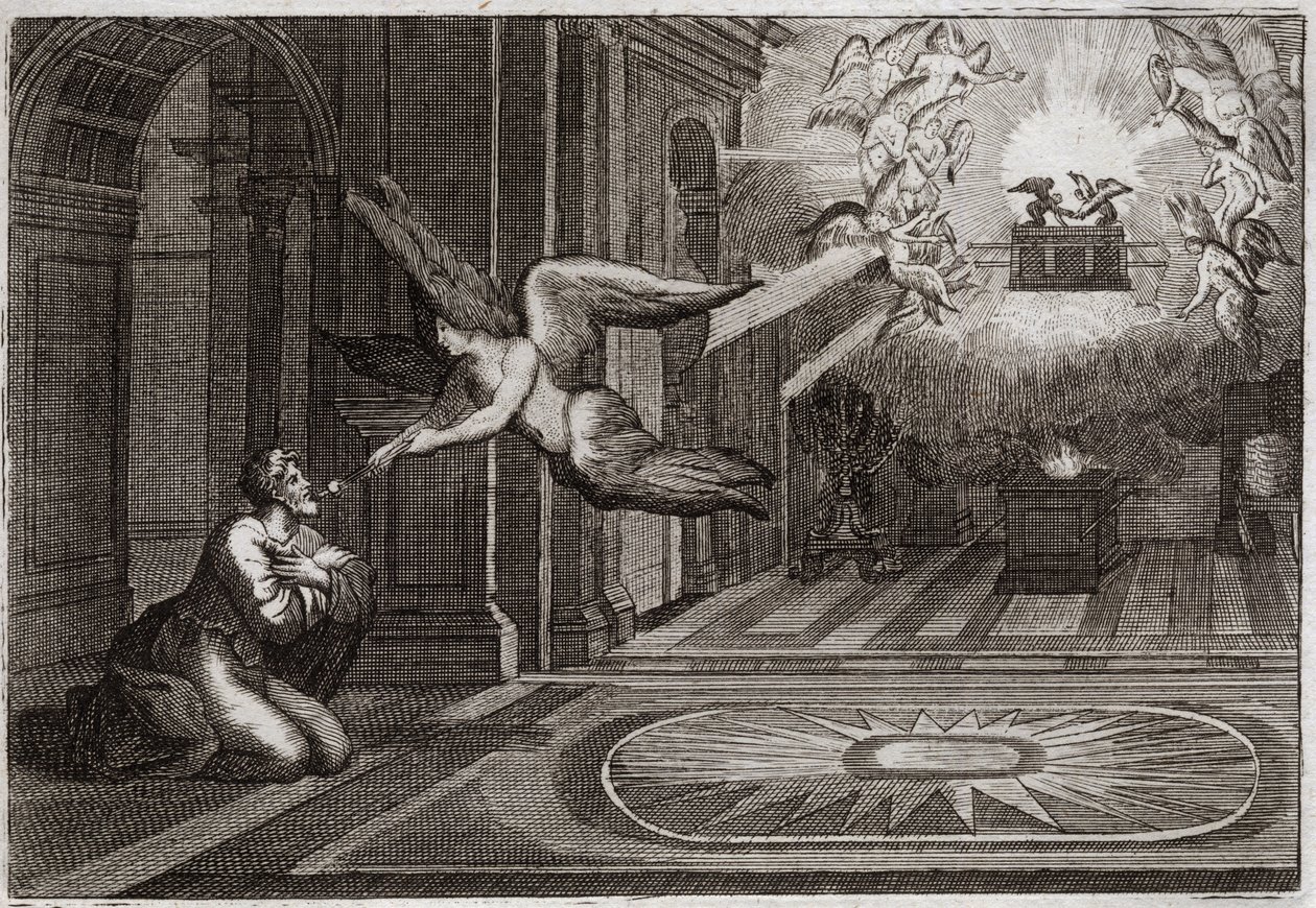 Bible de Royaumont, Ancien Testament : Isaïe prophète. Un séraphin prit avec ses pinces un charbon ardent qui était sur l
