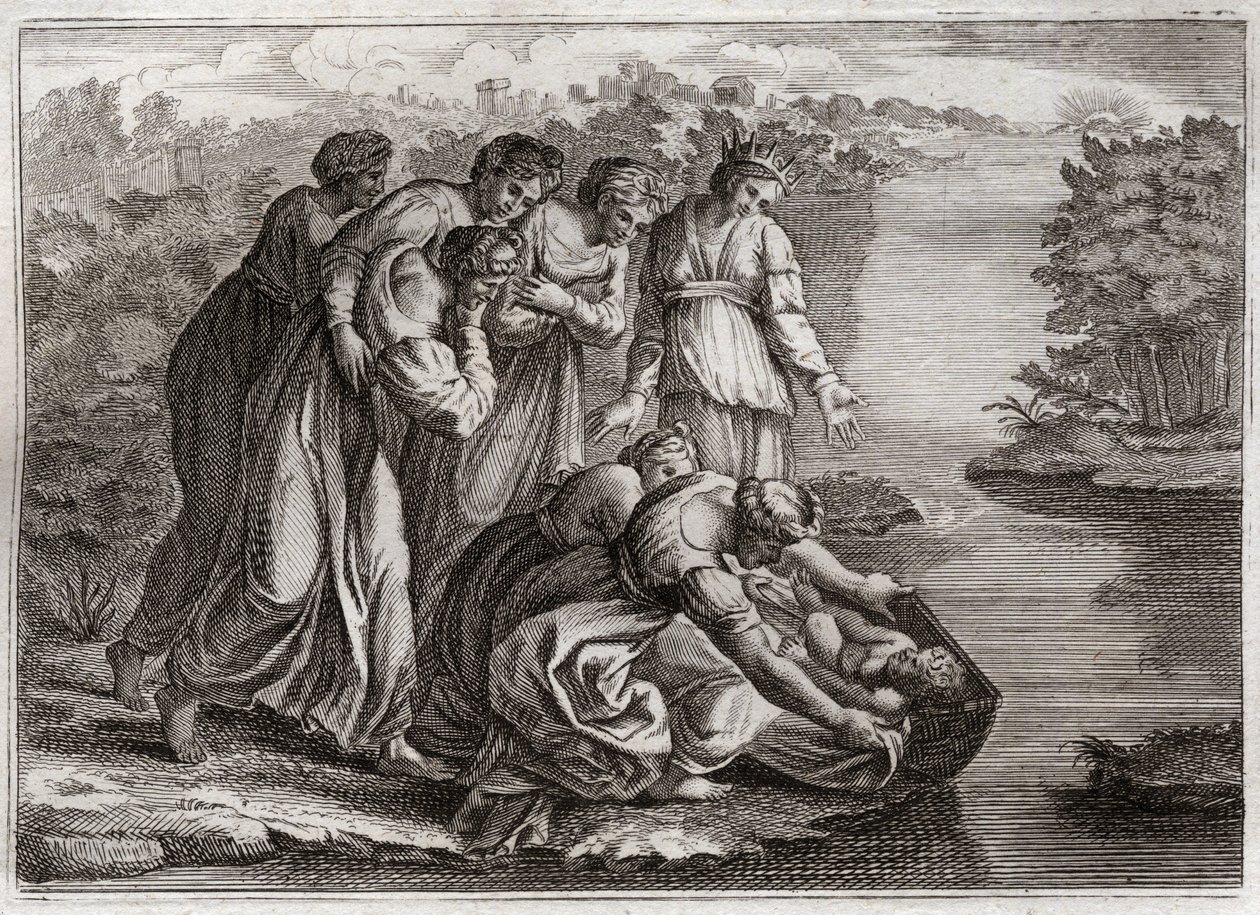 Bible de Royaumont, Ancien Testament : Moïse sauvé des eaux. La fille de Pharaon retire Moïse des eaux du Nil et l