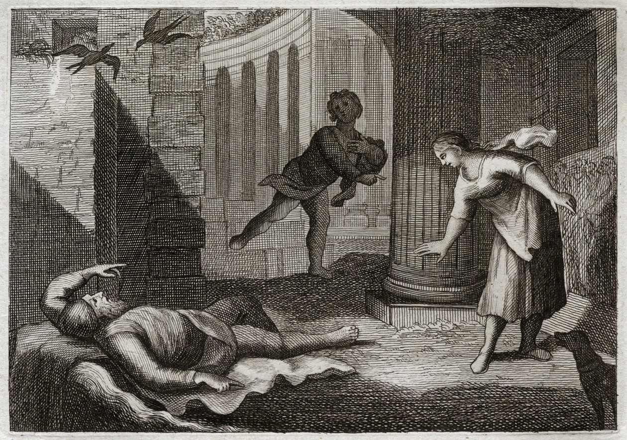 Bible de Royaumont, Ancien Testament : Le vieux Tobie perd la vue. Le saint homme Tobie perd la vue et supporte ce mal avec une patience extrême. Illustration de 1811 - Unknown artist