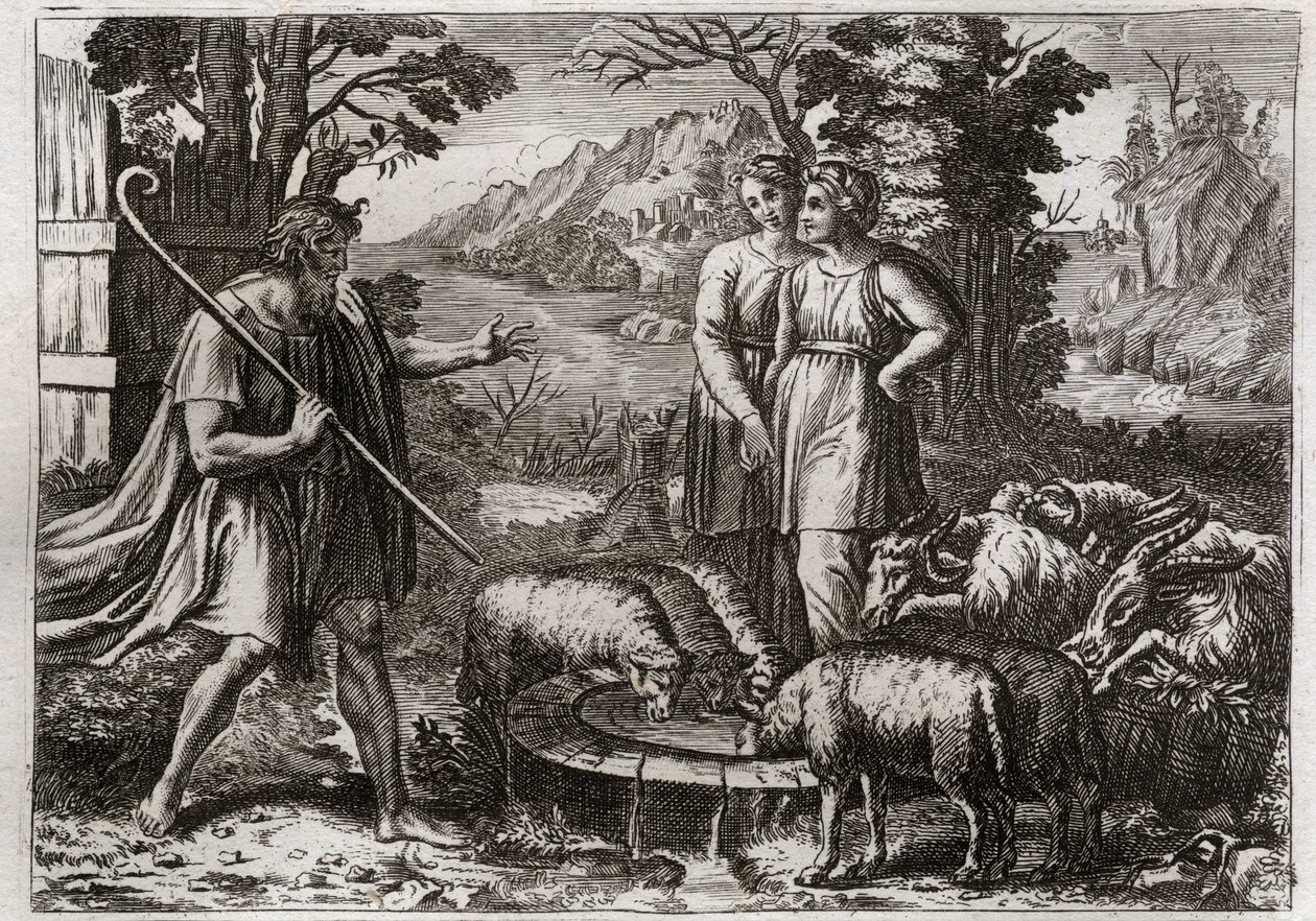 Bible de Royaumont, Ancien Testament : Rachel et Léa. Jacob sert Laban, son oncle, pour épouser sa fille Rachel. Illustration de 1811 - Unknown artist