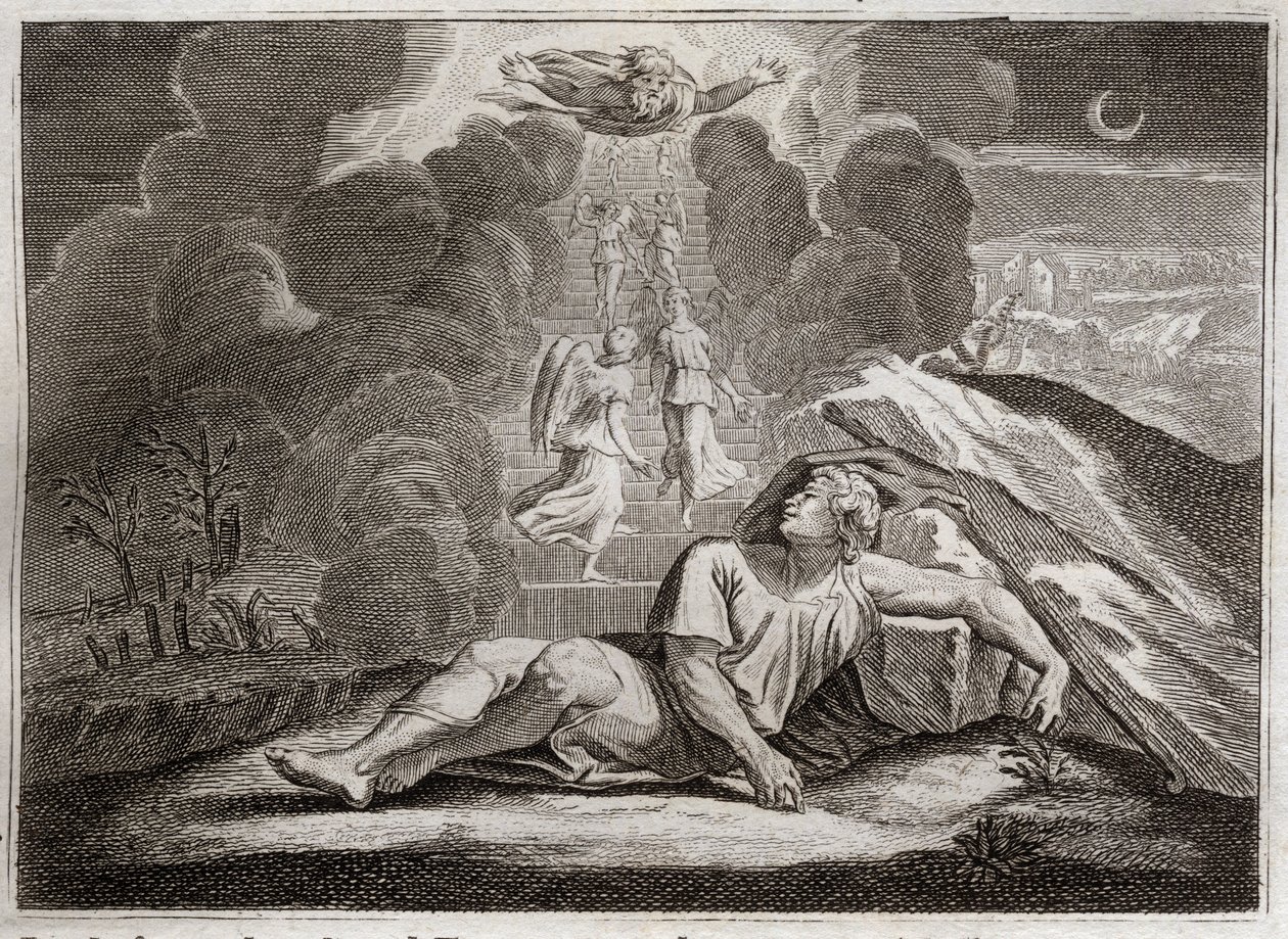 Bible de Royaumont, Ancien Testament : Échelle de Jacob. Jacob, fuyant la colère d