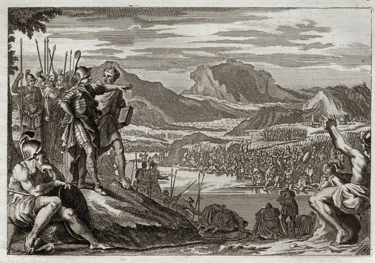 Bible de Royaumont, Ancien Testament : Soldats de Gédéon. Dieu commande à Gédéon (Gideon) de conduire toutes ses troupes au fleuve Jourdain, et lui donne un signe pour discerner ceux qu