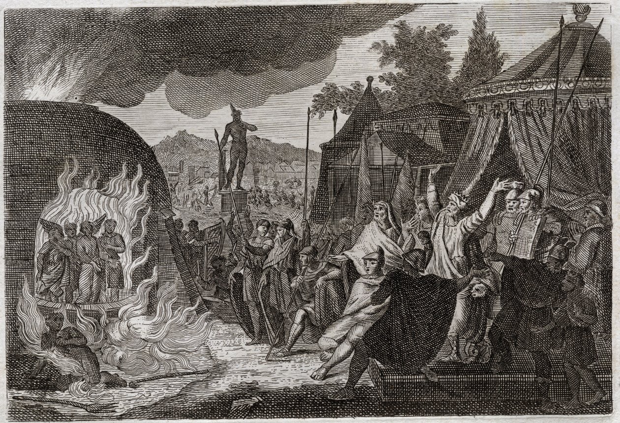 Bible de Royaumont, Ancien Testament : Les trois enfants de Babylone dans la fournaise. Le roi Nabuchodonosor II jette trois jeunes Hébreux dans une fournaise ardente, d