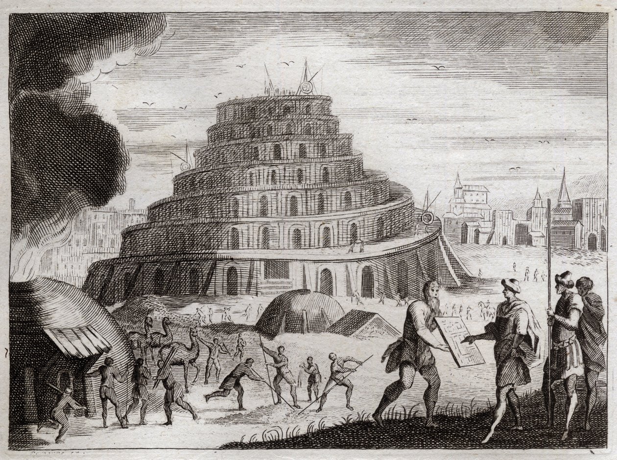 Bible de Royaumont, Ancien Testament : Tour de Babel. Les hommes veulent par vanité élever une tour jusqu