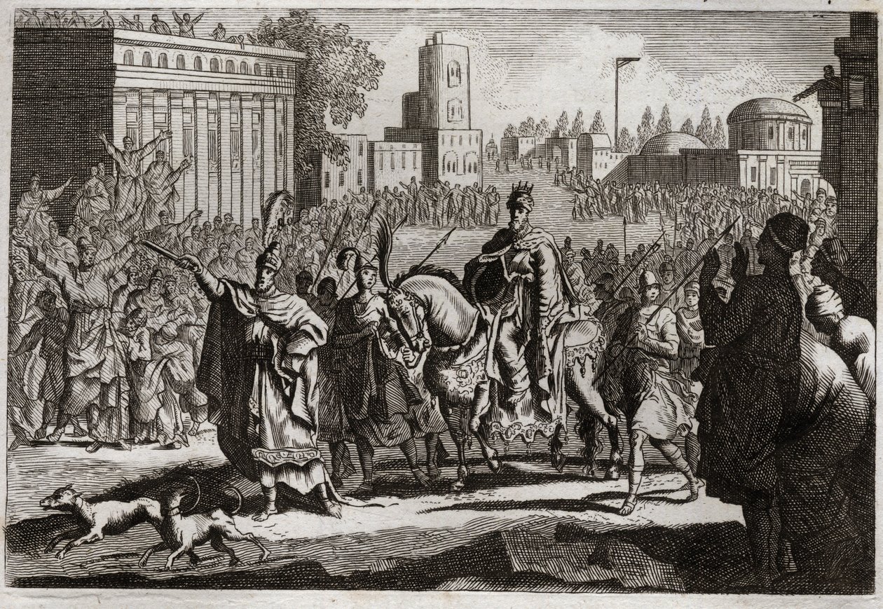 Bible de Royaumont, Ancien Testament : Triomphe de Mardochée. Aman (Haman) est contraint par le roi de proclamer le triomphe de Mardochée (ou Mordekhai ou Mordecai) son ennemi dans toute la ville de Suse. Illustration de 1811. - Unknown artist