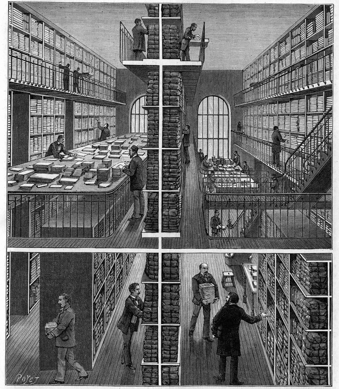 Bibliothèque Nationale à Paris : salle de manipulation et de classement des journaux au Bureau des Entrées. Gravure dans «La Nature : revue des sciences et de leurs applications aux arts et à l