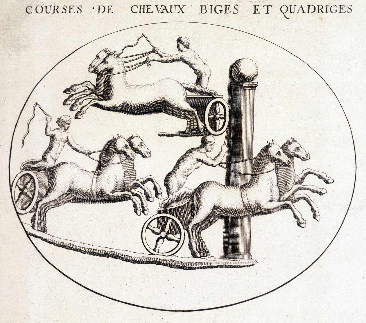 Courses de chevaux Biges et quadriges. Gravure du 19ème siècle - Unknown artist