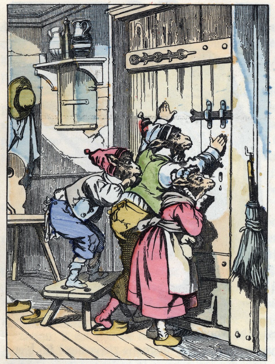 Les biquets écoutent qui frappe à la porte. Illustration du conte "Compère le Loup, Maître Renard, Commère la Chèvre et ses petits biquets" d