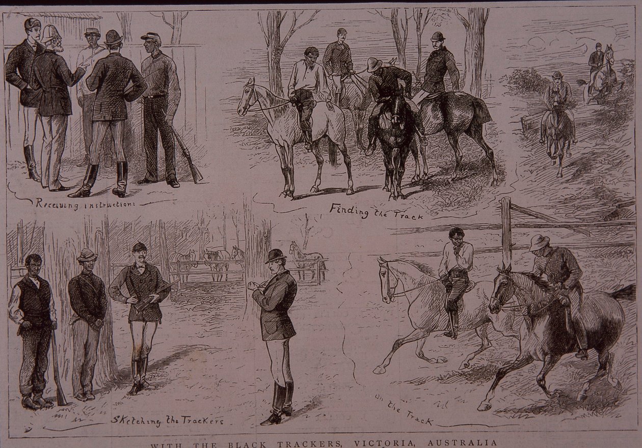 Pisteurs noirs sur la trace des bushrangers à Victoria, Australie en 1881 - Unknown artist