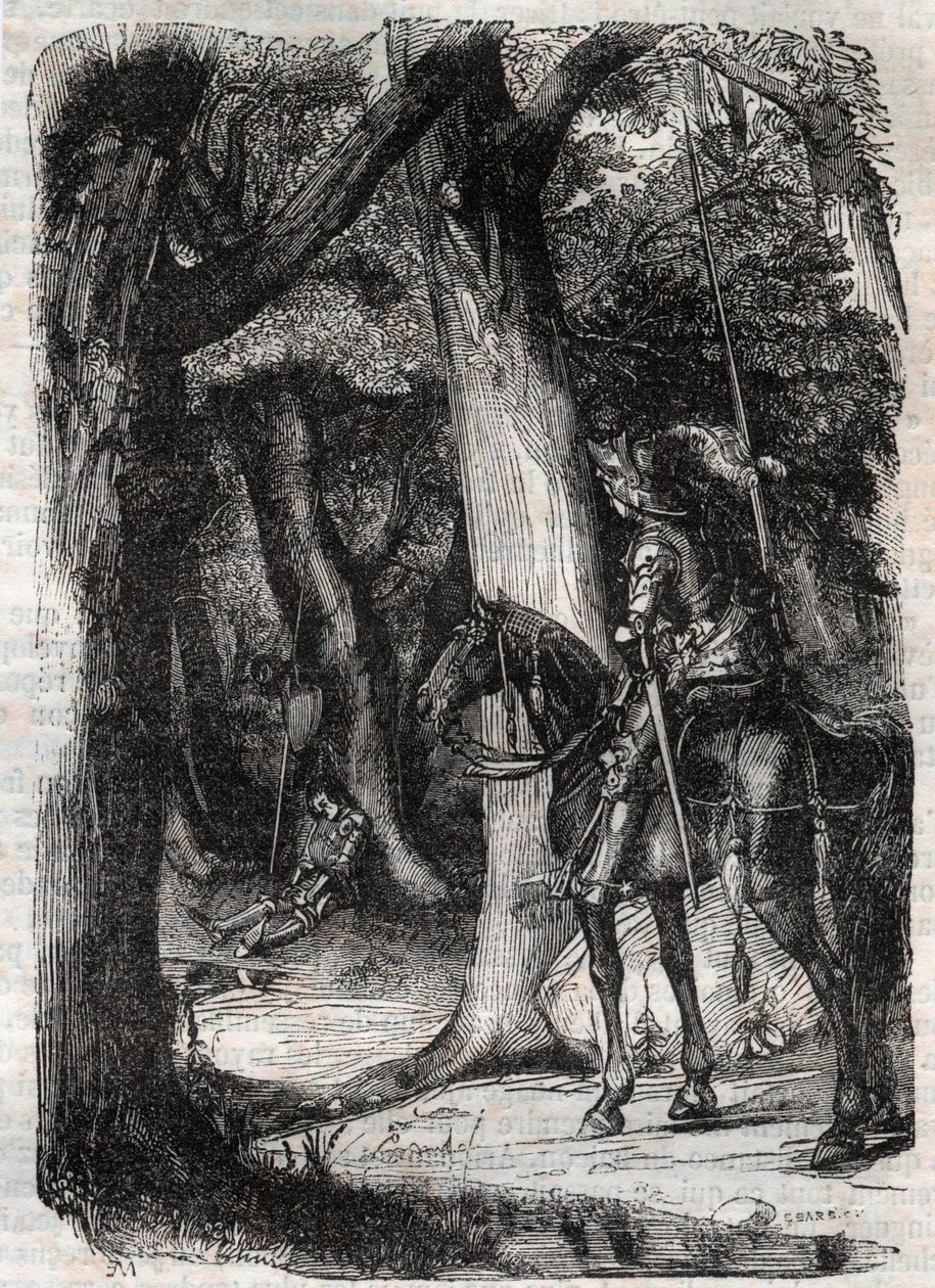 Bradamante aperçoit Pinabel - gravure de 1851 de « Roland furieux » (Orlando furioso) (16e siècle) par Ludovico Ariosto, traduit de l