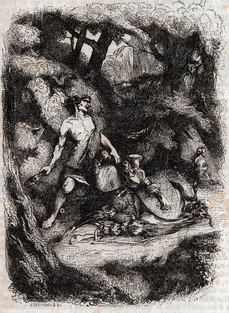 Bradamante terrassée par un géant - gravure de 1851 de « Roland furieux » (Orlando furioso) (16e siècle) par Ludovico Ariosto, traduit de l