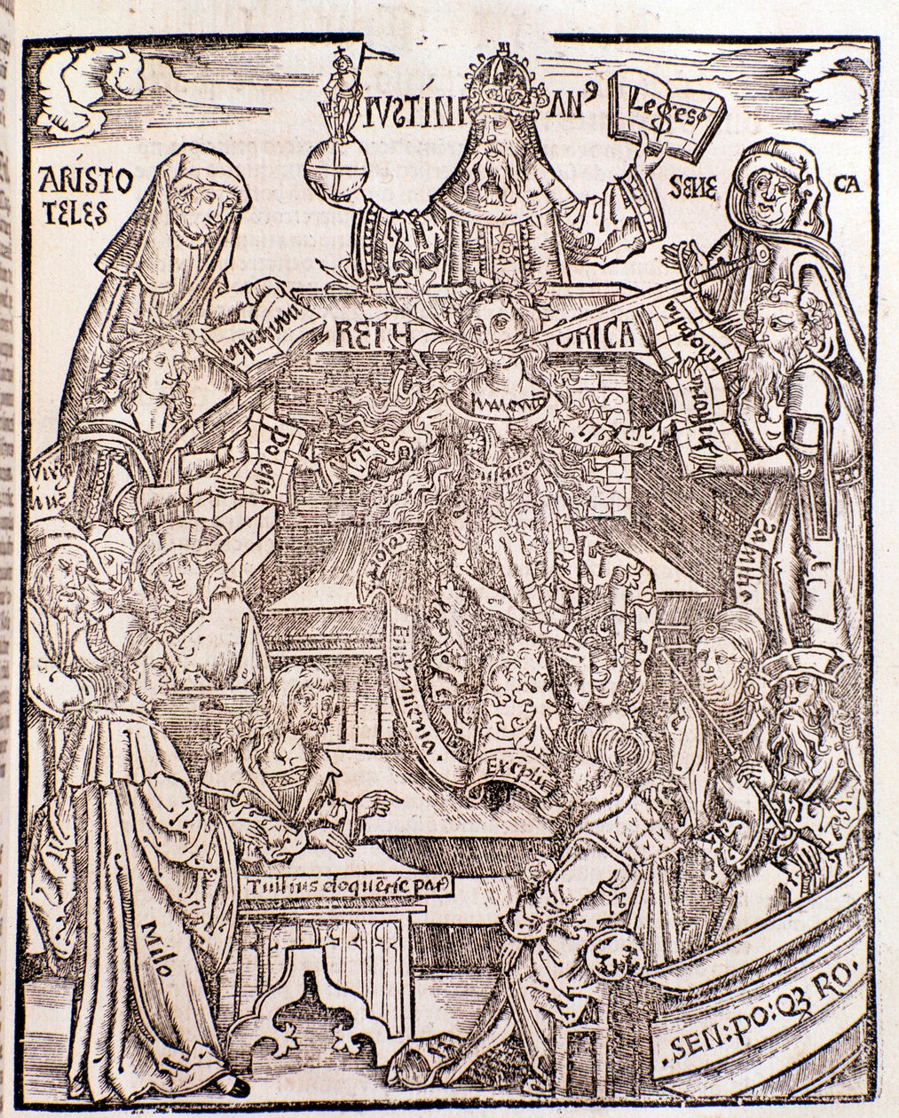 Branches de la connaissance représentées par Aristote (en haut à gauche) représentant la philosophie naturelle, avec Sénèque représentant la philosophie morale à droite, l