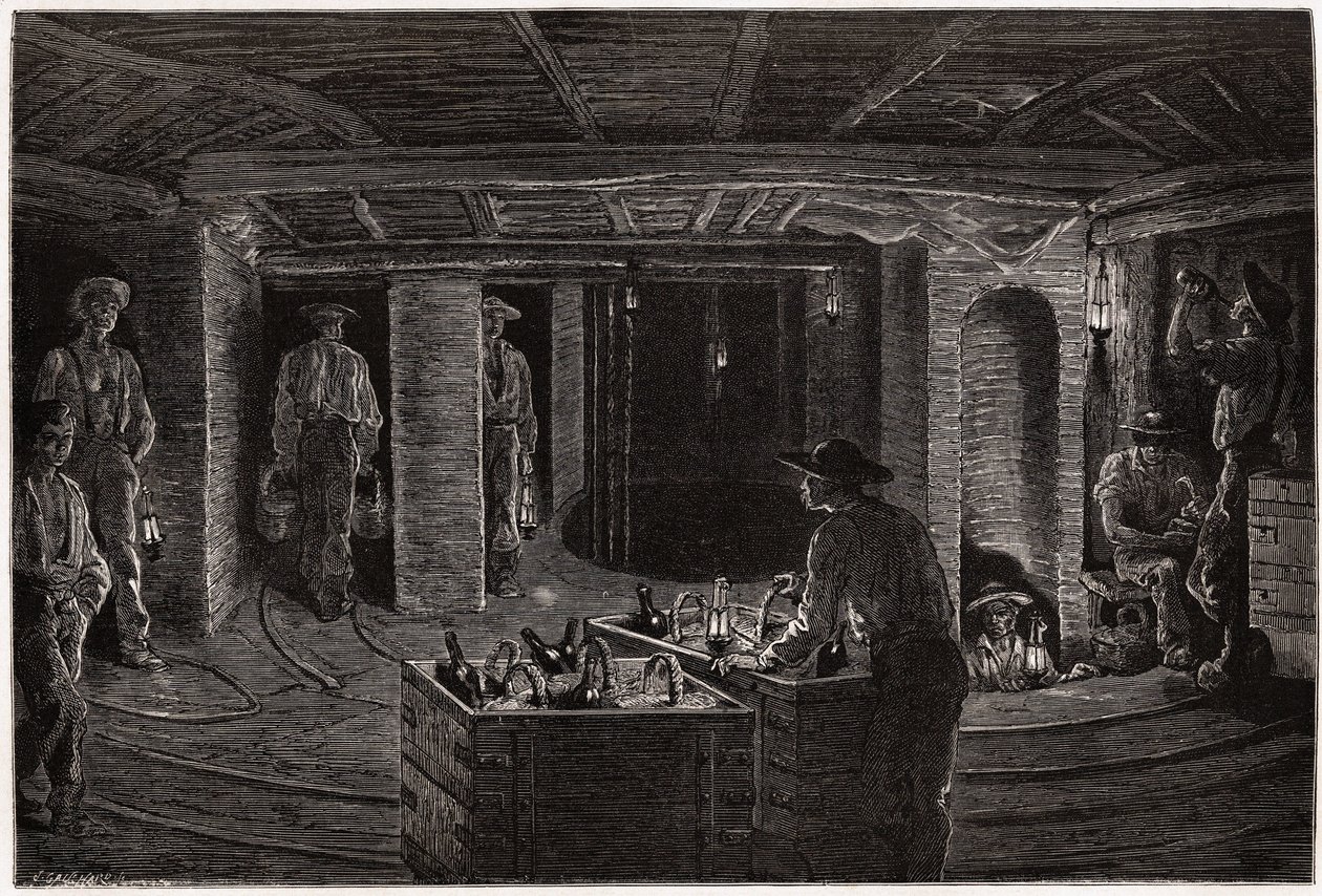 Petit déjeuner dans la mine, distribution et consommation de repas en paniers aux mineurs dans les galeries de charbon du Creusot. Gravure pour illustrer un voyage au Creusot et aux mines de Saône-et-Loire, en 1865, par L. Simonin, dans « Le tour du monde  - Unknown artist