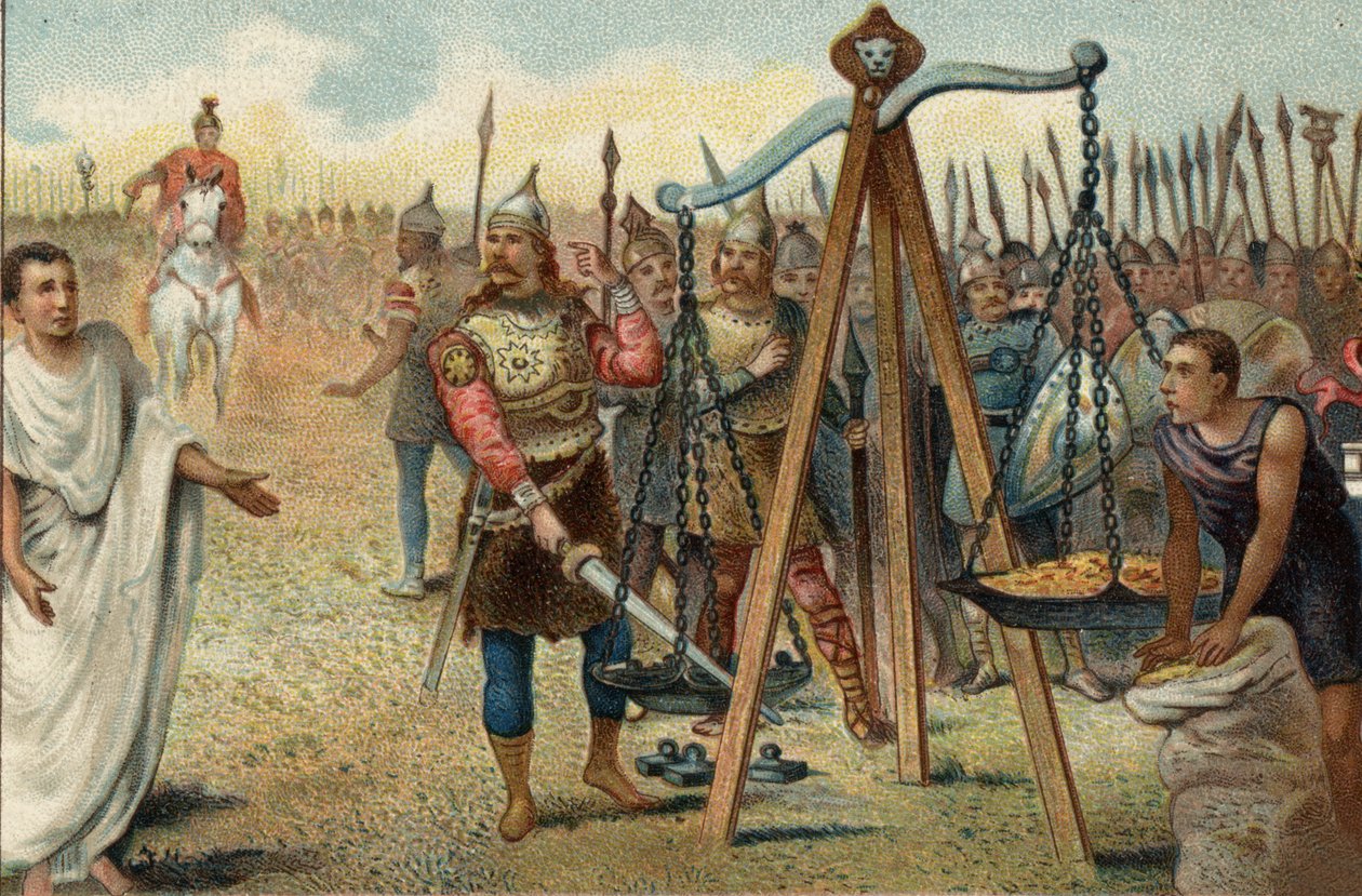 Brennus mettant son épée dans la balance, 390 av. J.-C. : Sac de Rome par les Gaulois dirigés par leur chef Brennus (Brennos). Face à la résistance des Romains, Brennus accepta de traiter avec le tribun militaire romain Quintus Sulpicius : il quitta Rome c - Unknown artist