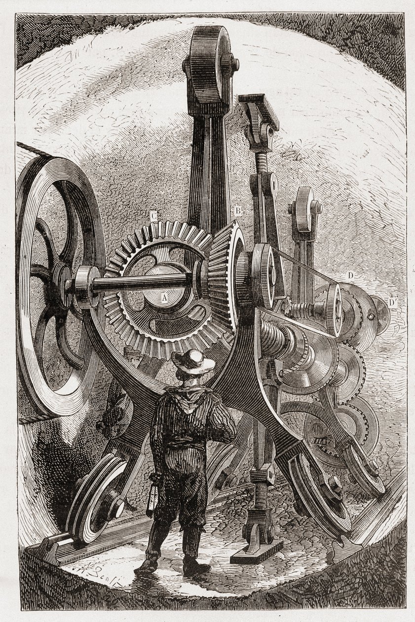 Machine Brunton pour creuser des tunnels dans les roches tendres - dans « Les nouvelles conquêtes de la science : électricité » par Louis Figuier, sd - Unknown artist