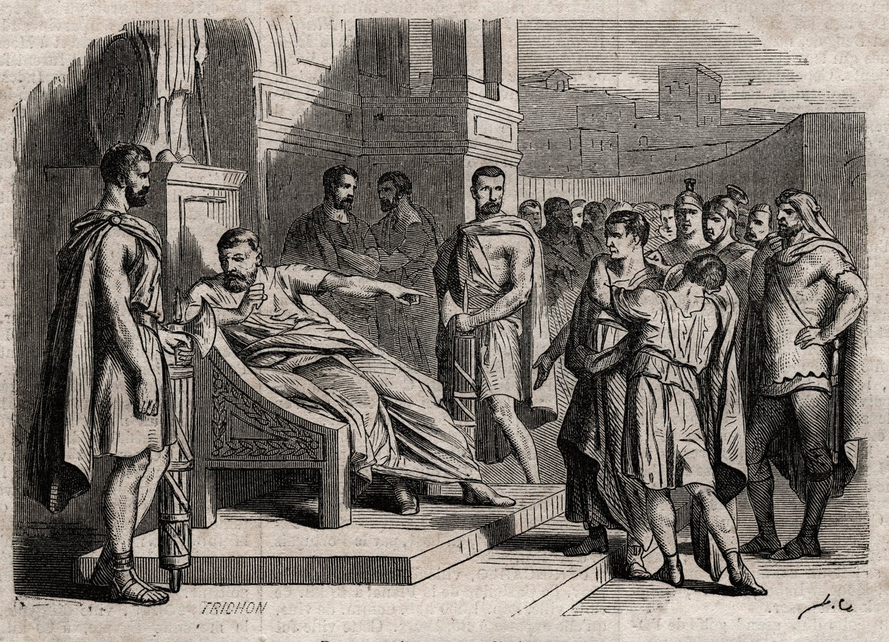 Brutus condamnant son fils à mort - Brutus (Marcus Junius Brutus, 85-42 av. J.-C.) condamnant ses fils à mort - gravure dans « Dictionnaire populaire illustré » - 1864 - par Joseph Decembre et Edmond Allonier - Unknown artist