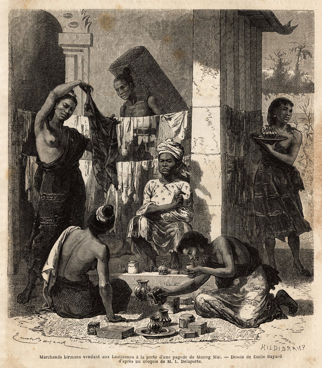 Marchands birmans vendant des tissus et des parfums à des femmes laotiennes - Unknown artist