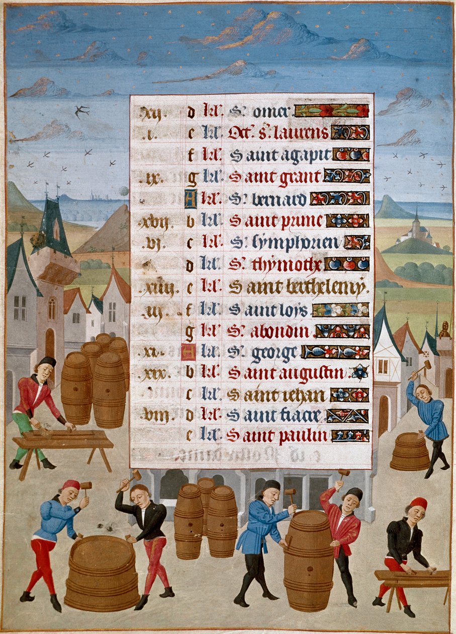 Calendrier : août - Fabrication de tonneaux de vin - Miniature de Maître Jean de Rolin des "Heures d