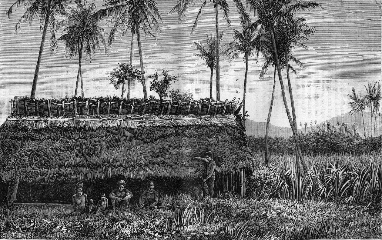 Canaques de Nouvelle-Calédonie devant une case ou une maison de réunion. Gravure dans "La Nature" - Unknown artist