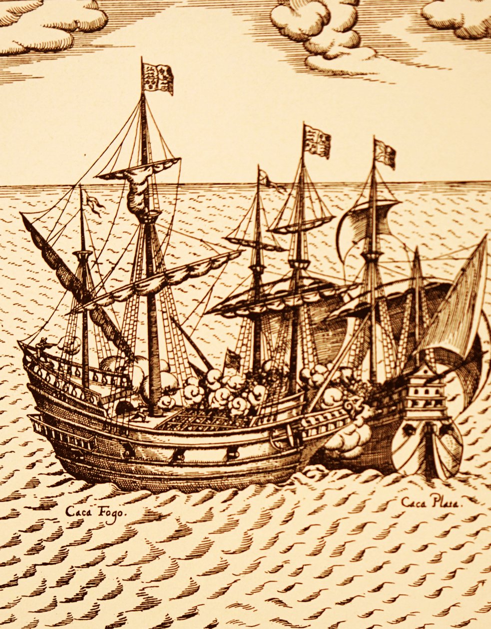 Capture du galion espagnol le Cagafuego par le Golden Hind dirigé par Francis Drake en mars 1579 (gravure) - Unknown artist