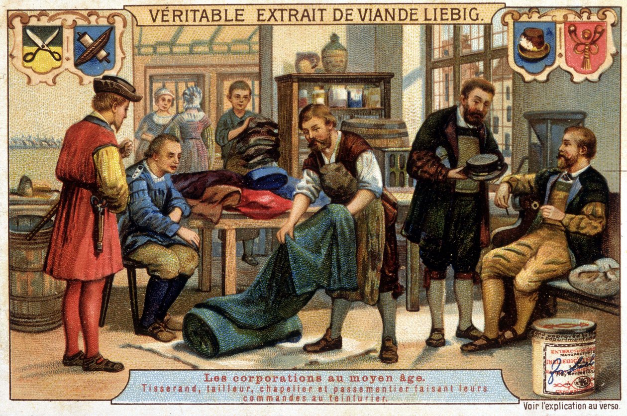 Métiers au Moyen Âge : tisserand, tailleur, chapelier et pâtissier commandant au nettoyeur à sec - Chromolithographie Liebig - Unknown artist