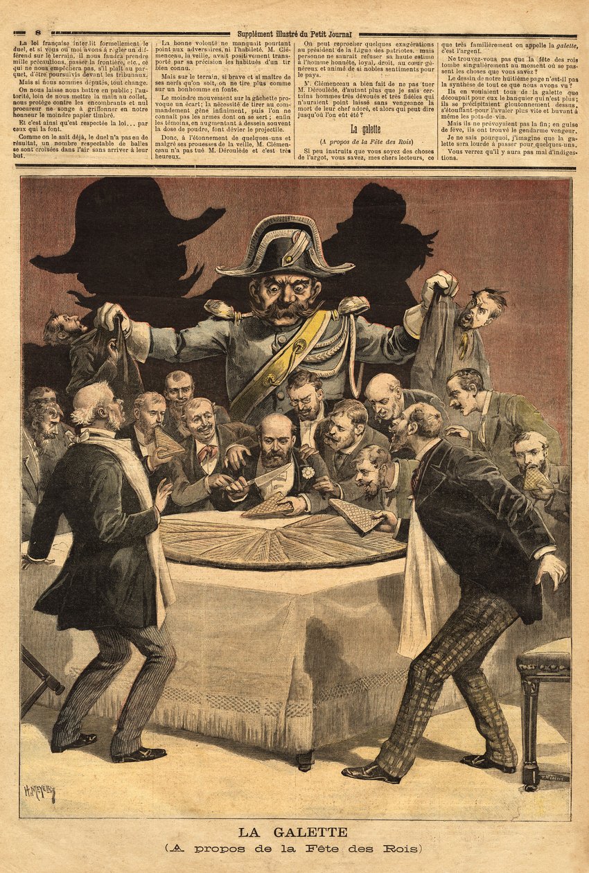 Caricature illustration « la galette », à propos de la fête des rois, où le banquier coupe le gâteau, tout le monde se précipite pour avoir une part et trouve à la place d