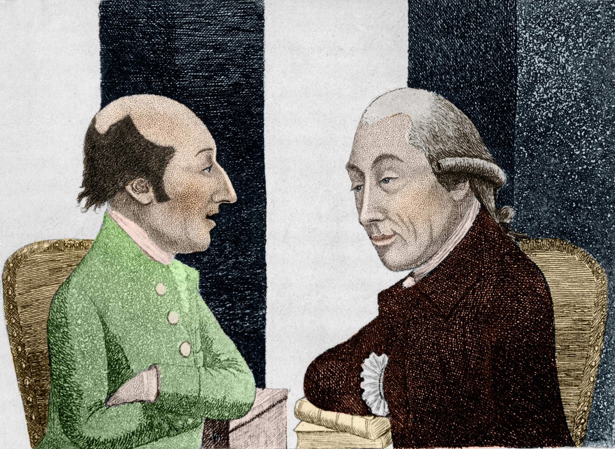 Caricature de James Hutton (1726 - 1797) à gauche et Joseph Black (1728 - 1799) à droite. Gravure du début du 19ème siècle - Unknown artist