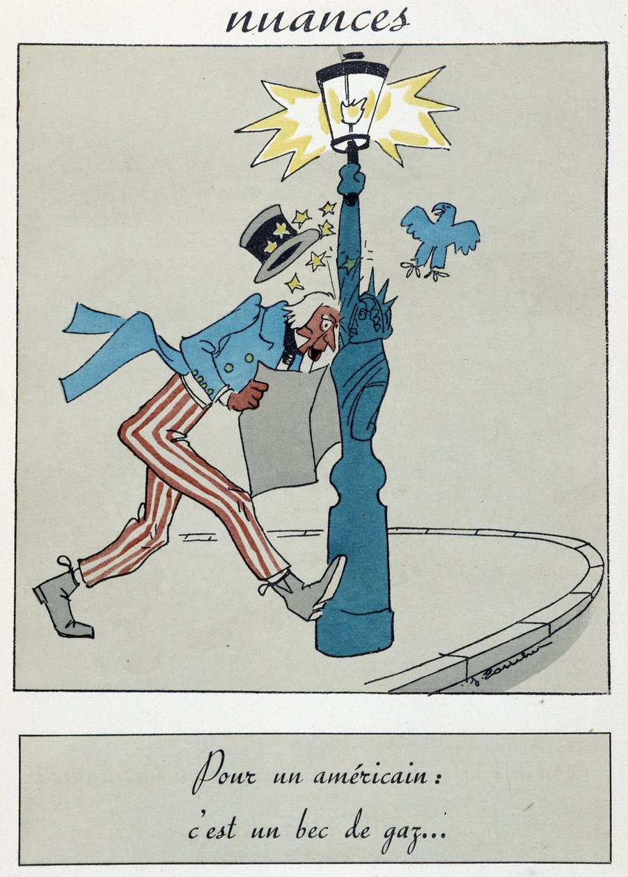 Caricature montrant la Statue de la Liberté avec un bec de gaz remplaçant la torche - Unknown artist
