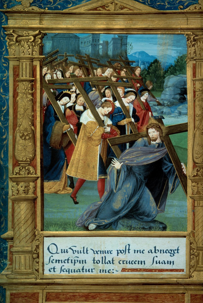 Catéchisme: Christ portant sa croix. Page de manuscrit "Instruction initiatique dans la religion chrétienne pour les enfants" attribuée à Johannes Brenz (1498-1570) dédiée à Marguerite d