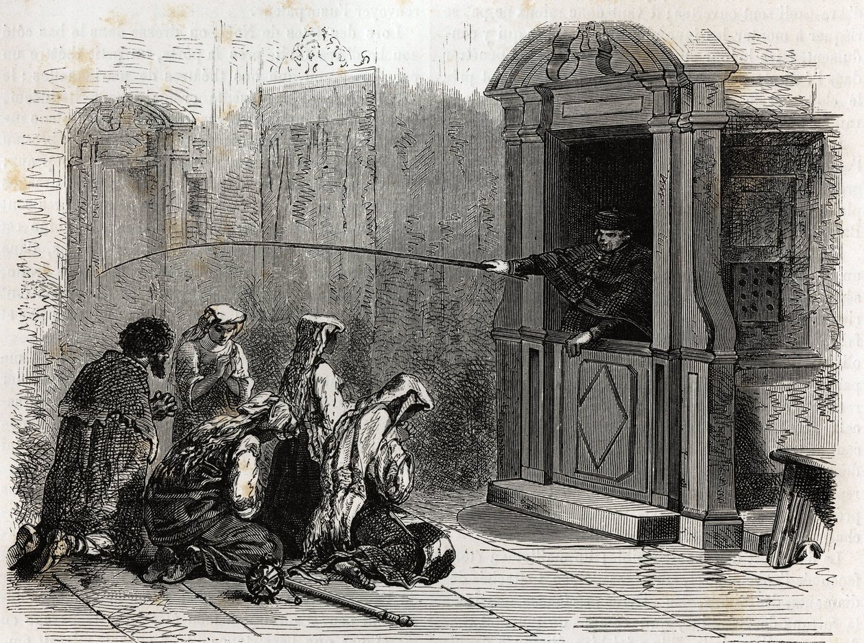 Pratiquants catholiques en prière, recevant la pénitence ordinaire, fouets administrés par un prêtre depuis le confessionnal. Gravure pour illustrer l