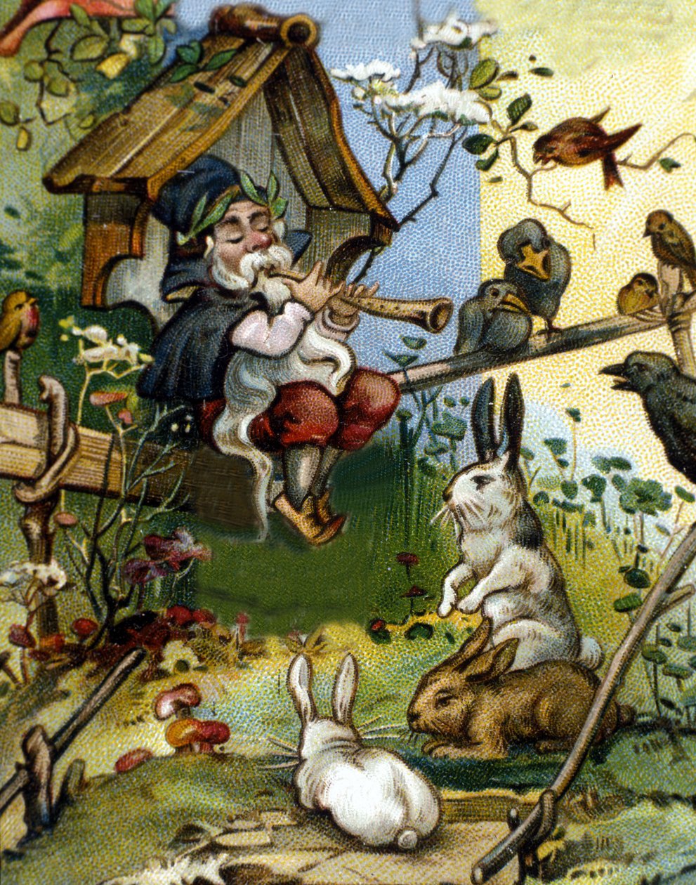 Personnage du nain ou farfadet joueur de flûte. Chromolithographie du 19ème siècle - Unknown artist