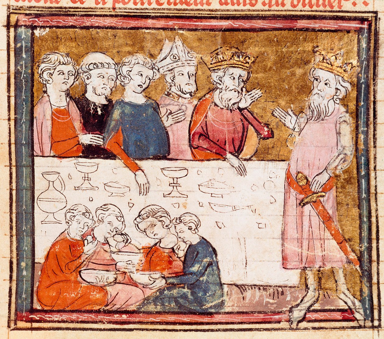 Charlemagne (742-814) et son neveu le chevalier Roland à un banquet avec les pauvres. Miniature de 