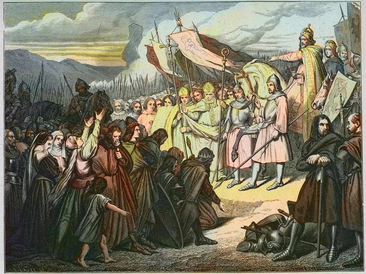 Charlemagne accepte la reddition de Wittekind à Paderborn (785) - Victoire de Charlemagne (742-814) sur le bras saxon de Widukind de Saxe (Wittekind) en 785 (Widukind ou Witikind - Widukind des guerres saxonnes : chef germanique des Saxons Widukind capitul - Unknown artist