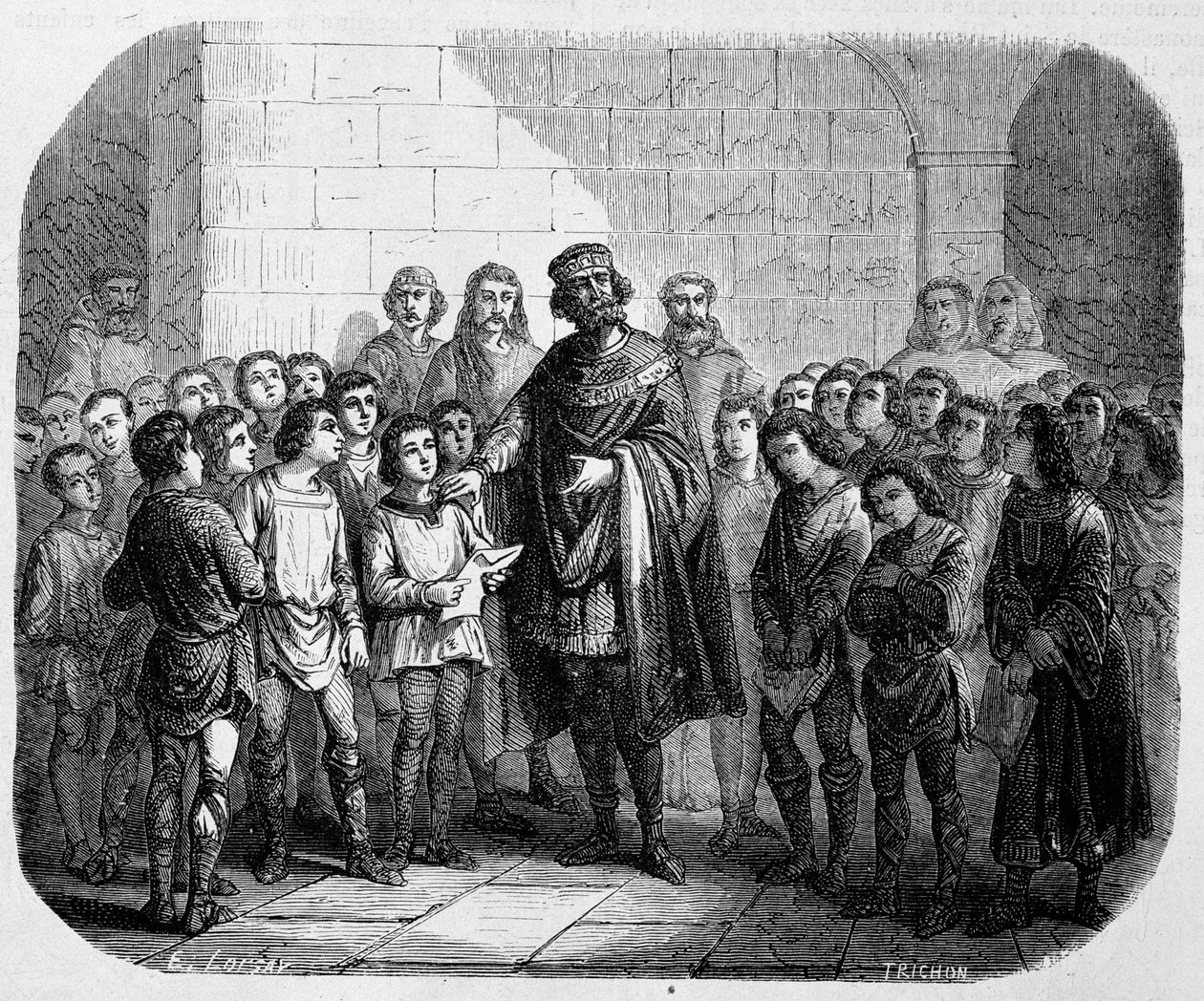Charlemagne visitant une école - dans "Histoire des Papes, Rois, Reines, Empereurs, à travers les siècles" par Maurice Lachatre - Unknown artist