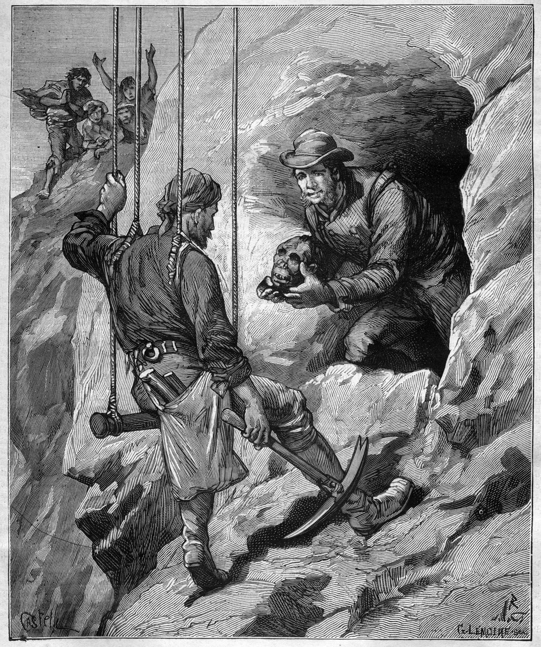 Charles Wiener (1851-1913) explorateur et diplomate français explorant une grotte funéraire du Pérou - gravure dans « journal des voyages » 1887 - Unknown artist