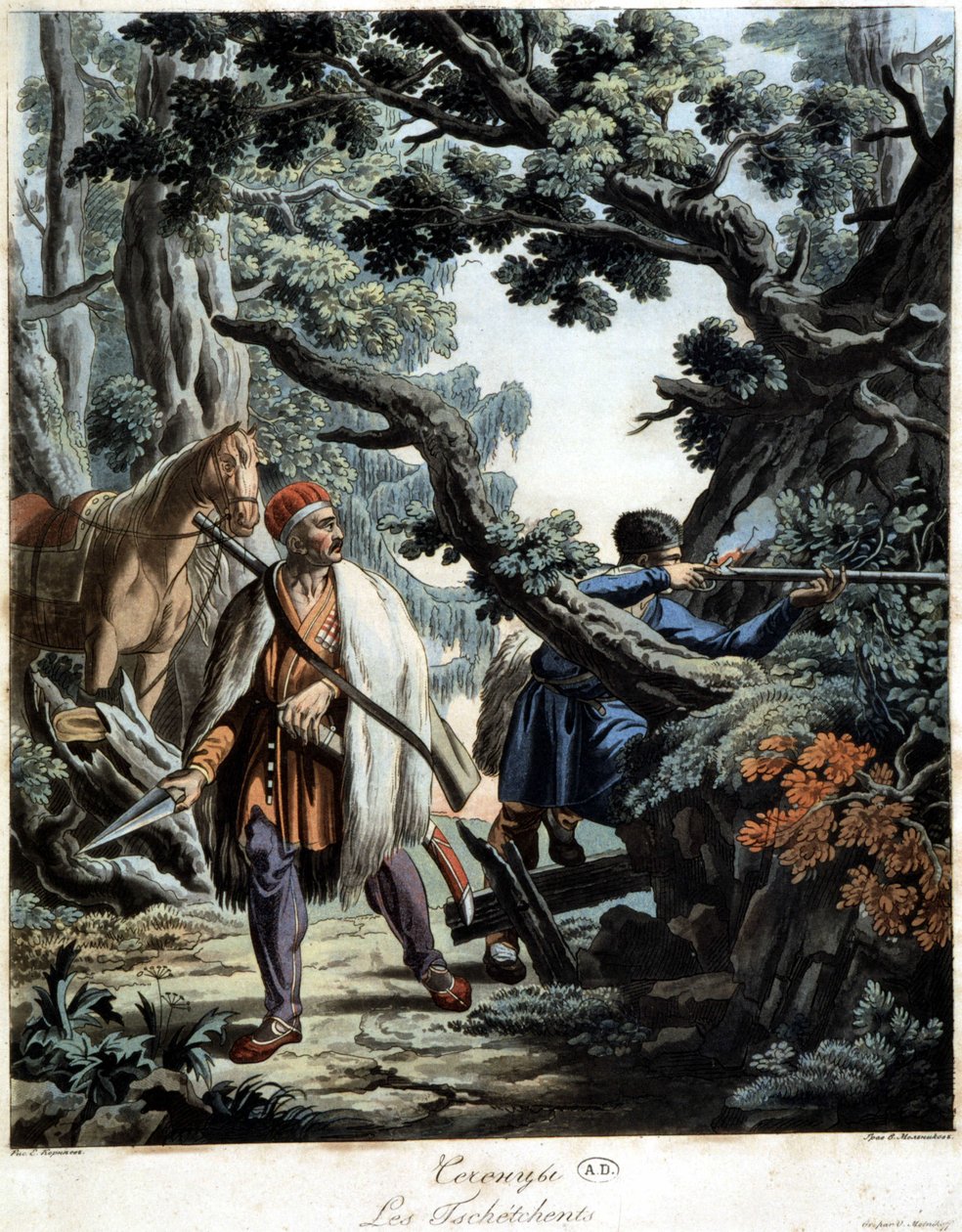 Tchétchènes embusqués dans une forêt du Caucase, début 19ème siècle - Unknown artist