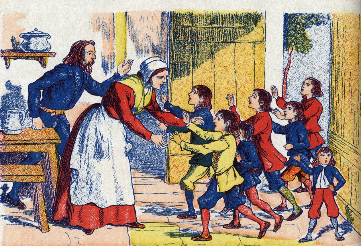 Retour des enfants, Illustration pour « Le Petit Poucet », conte de Charles Perrault (1628-1703), écrivain français. Illustration anonyme. Imagerie Marcel Vagne, Jarville Nancy, sans date (fin XIXe siècle) - Unknown artist