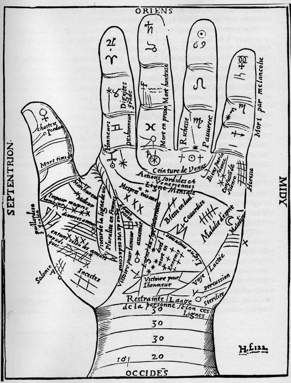 Chiromancie - DIAGRAMME DE CHIROMANCIE - Diagramme planétaire et zodiacal de la main gauche - Gravure sur bois de « Diverses Œuvres » de Jean Belot, Lyon, France - Unknown artist