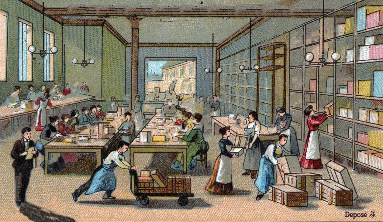 Fabrication de chocolat : emballage, expédition. Chromolithographie de la fin du XIXe siècle - Unknown artist