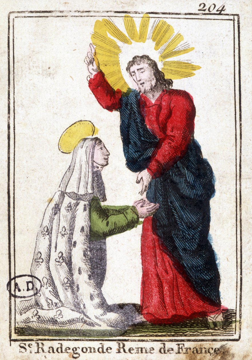 Christ et Sainte Radegonde (vers 520 - 587), reine de France, épouse de Clotaire Ier. Image pieuse. Gravure du début du 19e siècle. Bibliothèque des Arts décoratifs de Paris - Unknown artist