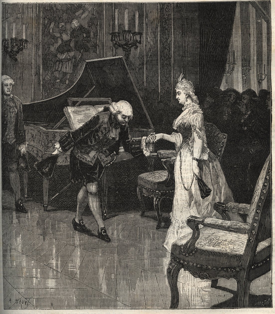 Christoph Willibald Gluck devant la reine Marie-Antoinette à Trianon - Christoph Willibald Gluck (1714-1787), compositeur allemand jouant devant la reine Marie-Antoinette à Trianon - gravure dans « La musique populaire » - journal hebdomadaire illustré - 1 - Unknown artist