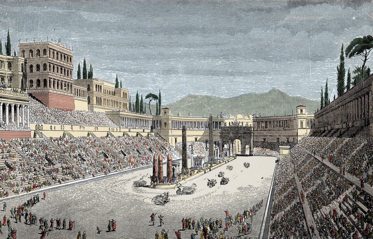 Circus Maximus - Le grand cirque ou Circus Maximus, à Rome, avec une course de chars - Gravure en couleurs - Unknown artist