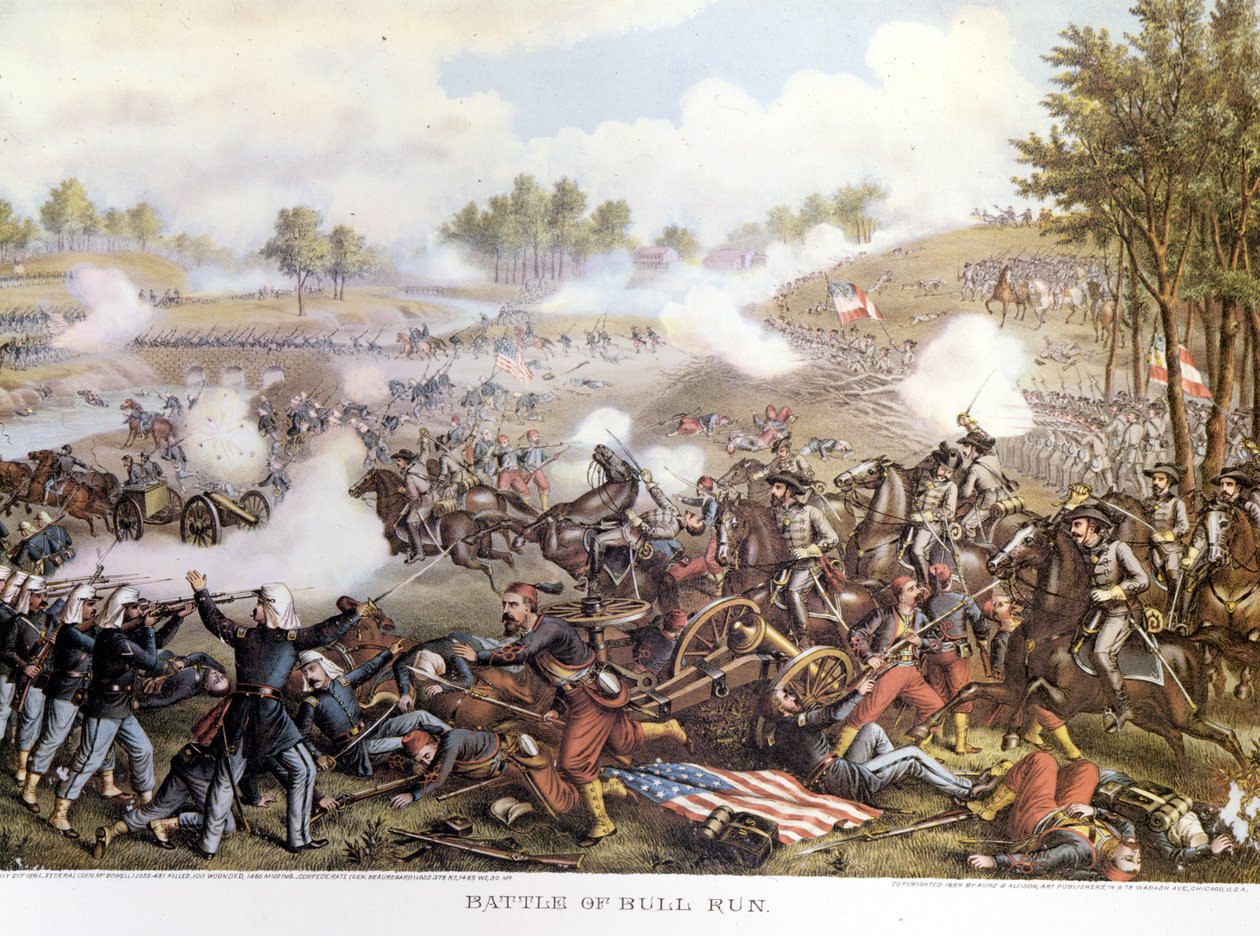 Guerre civile (1861 - 1865), guerre civile américaine 21/7/1861 : Première bataille de Bull Run ou première bataille de Manassas : Virginie, les confédérés commandés par le général Beauregard ont vaincu les troupes nordiques du général Mac Dowell. Gravure - Unknown artist