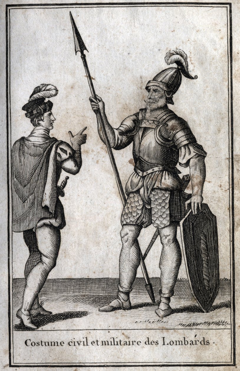 Costume civil et militaire des Lombards (Lombardie) au Moyen Âge. Gravure dans "Beauté de l
